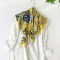 Yellow floral 90cm satin silk square scarf, vintage elegant hair scarf chic neck wrap. - Yellow Base Floral