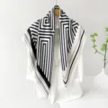 Black and white geometric satin square scarf for women, elegant 90cm spring neckerchief. - Maze Pattern