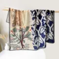 Vintage medieval manuscript botanical printed silk cotton scarf retro art style large square wrap - Blue Leaf