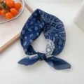Blue paisley cotton linen bandana square scarf, soft vintage neckerchief for women. - 07 Cotton - Color Block Paisley Flower Navy