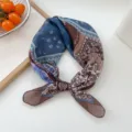 Blue brown floral cotton linen square scarf, versatile spring summer decorative small bandana. - 11 Cotton - Painted Grid Paisley Brown