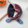 Cotton linen paisley small square scarf, artistic breathable floral neckerchief for spring summer. - 24 Cotton - Dot Paisley Blue Edge