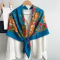 Retro blue floral square scarf shawl elegant women fashion accessories silk feel neckerchief - Blue