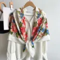 Vintage floral square scarf paired with elegant white long sleeve blouse, chic and versatile shawl. - White
