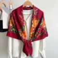 Retro floral print large square scarf elegant women's autumn winter fashion shawl wrap accessory - Red