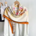 Elegant yellow floral square scarf with bright orange border, soft drape shawl for women. - Yellow