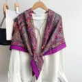 Vintage paisley large square scarf autumn winter women fashion versatile shawl silk feel wrap - Purple