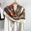 Vintage floral print square scarf silk-feel elegant shawl versatile women fashion accessory - White