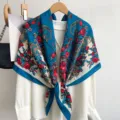 Vintage floral paisley square scarf for women, elegant blue silk feel shawl and neckerchief. - Blue