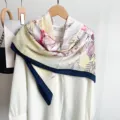 Elegant floral square scarf with navy blue border, soft and stylish accessory for women. - Beige
