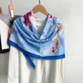Blue floral square silk scarf for women, elegant fashion drape shawl and stylish neck accessory. - Blue