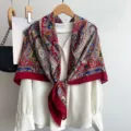 Vintage red paisley silk feel square scarf elegant versatile women fashion shawl accessory - Red