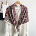 Retro paisley square scarf, elegant vintage silk feel shawl for women fashion styling. - White