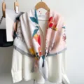 Floral Print Square Scarf Elegant Women Silk Feel Draped Necktie Fashionable Shawls - Pink