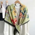 Retro green floral silk feel square scarf elegant versatile women fashion shawl accessory - Green