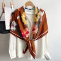Vintage brown floral silk scarf, elegant square shawl for women, versatile fashion accessory. - Coffee