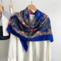 Retro blue paisley silk feel square scarf elegant vintage floral fashion shawl for women. - Dark Blue