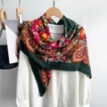 Vintage green floral square scarf elegant paisley shawl for women stylish retro neckerchief - Dark Green