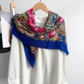 Retro blue floral square scarf, stylish vintage style shawl and wrap for women fashion. - Dark Blue