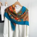 Vintage blue floral paisley square silk scarf elegant women shawl retro fashion neckerchief - Blue