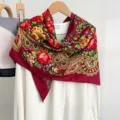 Vintage floral large square scarf, retro ethnic style red silk-feel shawl for women autumn winter - Red