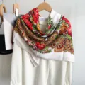Vintage floral square scarf, elegant retro paisley red rose design, soft silk touch shawl. - White