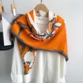 Autumn winter retro orange floral square scarf silk feel elegant shawl women fashion accessory - Yellow