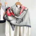 Autumn winter vintage floral silk feel square scarf versatile women shawl fashion neck wrap. - Gray