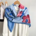 Elegant blue and pink floral silk feel large square scarf, versatile fashion shawl for women. - Blue