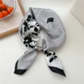Black and white floral print square silk scarf 70cm chic neckerchief elegant hair band - 16 Black Fine Floral Shadow