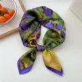 Artistic oil painting print silk scarf, elegant purple and green square scarf for women. - 18 Purple Iris Floral