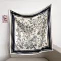 Elegant 90x90cm botanical print silk scarf with luxury border design for women. - Black Framed Ink Thistle RY-06