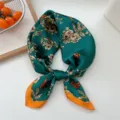 Dark green floral silk square scarf, vintage bird print neckerchief, elegant spring hair accessory. - 28 Green Bird Floral