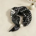 Black and white polka dot satin scarf with elegant pearl buckle detail and rose pattern for chic outfit. - CXK006-Polka Dot Rose