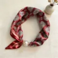 Red geometric print silk scarf with large pearl magnetic clasp, stylish spring summer neckerchief. - CXK005-Deep Red Snowflake