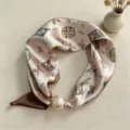 Silk scarf with pearl magnetic clasp, minimalist geometric triangle neck wrap for women. - CXK005-Dusty Pink Four-Leaf Feather Flower