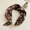 Elegant brown silk scarf featuring a pearl magnetic clasp and unique wave dot pattern. - CXK005-Coffee Polka Dots