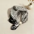 Black and white leopard print silk scarf with elegant pearl buckle for spring summer office wear. - Leopard Print