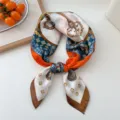 Elegant 70cm silk square scarf for women, stylish neckerchief, versatile hair band accessory. - 32 Brown Chain Grid