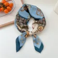 Women silk square scarf 70cm chic chain print neckerchief stylish hair band head wrap. - 34 Blue Chain Grid