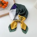 Women's silk square scarf, stylish geometric color-block design, green and yellow variant. - 35 Green Line Floral Patchwork