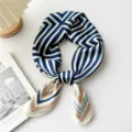 Blue white brown geometric silk scarf variant, elegant neckerchief for stylish women wear. - Beige Navy Geometric Maze