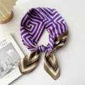 Korean style geometric silk square scarf for women, spring and autumn neck scarf. - Brown Purple Geometric Maze