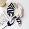 Korean style square silk scarf with chevron and polka dot pattern, elegant women neckerchief. - Navy with Pink Dots and V-Stripes