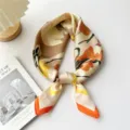 Korean style small silk scarf women spring autumn thin decorative neckerchief hair band - Orange Border White Peony
