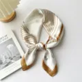Silk scarf for women, elegant white and brown striped design with flower print pattern. - Khaki FLOWER Pattern