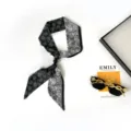 Black and white floral print silk scarf neckerchief with ring bead detail, elegant women accessory - Camellia Black and White