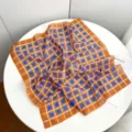 Geometric plaid square scarf, orange and blue fashion accessory, versatile neck wrap. - Blue Plaid