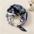 Detail view of blue white paisley silk scarf with pearl magnetic buckle, elegant neckerchief. - CXK005-Navy & White Paisley
