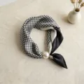 Black and white houndstooth silk scarf with elegant pearl buckle accessory for women. - CXK004-Houndstooth